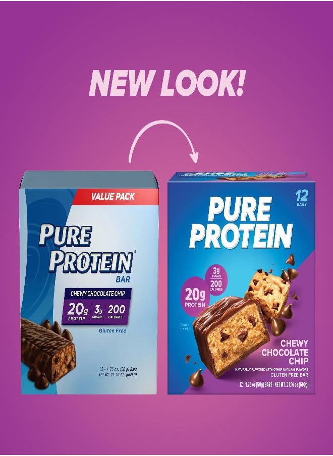 Pure Protein - Pure Protein Bars, High Protein, Nutritious Snacks to Support Energy, Low Sugar, Gluten Free, Chewy Chocolate Chip, 1.76oz (Pack of 12), Packaging may vary - Image 1