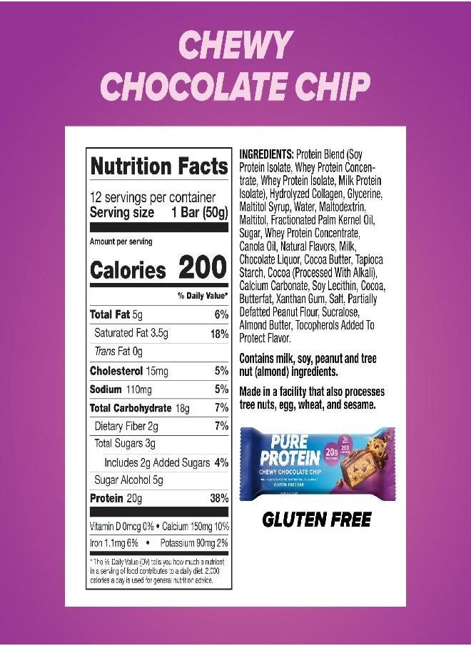 Pure Protein - Pure Protein Bars, High Protein, Nutritious Snacks to Support Energy, Low Sugar, Gluten Free, Chewy Chocolate Chip, 1.76oz (Pack of 12), Packaging may vary - Image 1