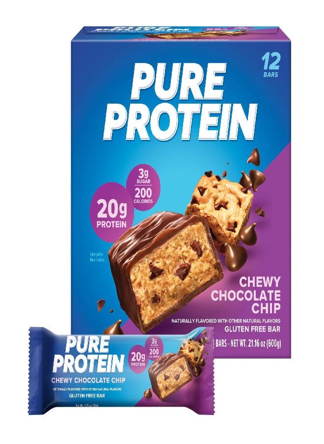Pure Protein - Pure Protein Bars, High Protein, Nutritious Snacks to Support Energy, Low Sugar, Gluten Free, Chewy Chocolate Chip, 1.76oz (Pack of 12), Packaging may vary - Image 1