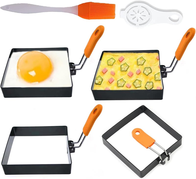 WOWITIS Large 4 Pcs 4 Inch Sqaure Egg Ring for Griddle Frying Egg,4" Non-stick Stainless Steel Square Egg Mold,Square Omelet Ring Pancake Mold Maker With Silicone Insulated Handle Oil Brush & Egg Separator - Image 1