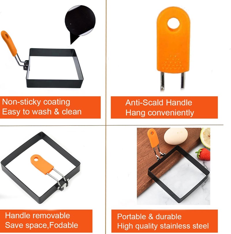 WOWITIS Large 4 Pcs 4 Inch Sqaure Egg Ring for Griddle Frying Egg,4" Non-stick Stainless Steel Square Egg Mold,Square Omelet Ring Pancake Mold Maker With Silicone Insulated Handle Oil Brush & Egg Separator - Image 2