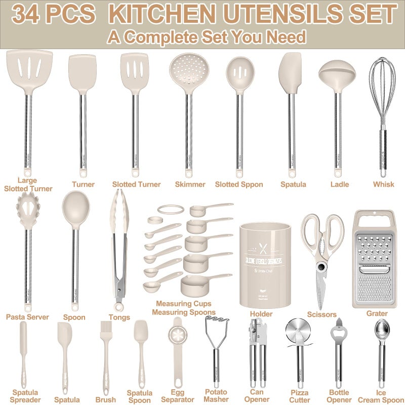 Umite Chef Kitchen Utensils Set-Umite Chef 34 Pcs Silicone Cooking Utensils Set for Nonstick Cookware-Silicone Spatulas Set, Stainless Steel Handle-Khaki Kitchen Gadgets Tools, Pots and Pans Accessories - Image 2