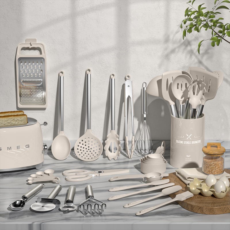 Umite Chef Kitchen Utensils Set-Umite Chef 34 Pcs Silicone Cooking Utensils Set for Nonstick Cookware-Silicone Spatulas Set, Stainless Steel Handle-Khaki Kitchen Gadgets Tools, Pots and Pans Accessories - Image 3
