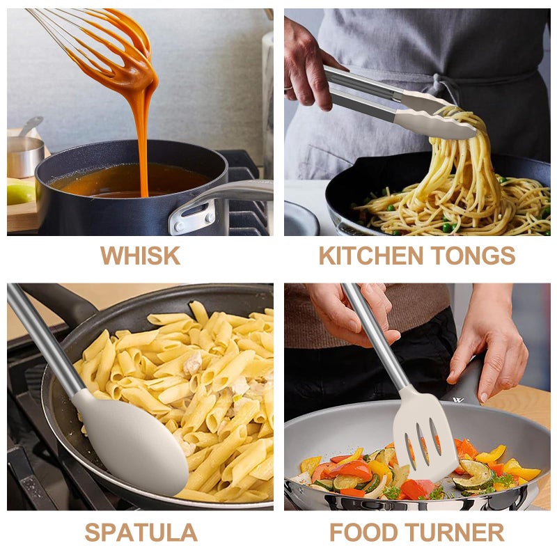 Umite Chef Kitchen Utensils Set-Umite Chef 34 Pcs Silicone Cooking Utensils Set for Nonstick Cookware-Silicone Spatulas Set, Stainless Steel Handle-Khaki Kitchen Gadgets Tools, Pots and Pans Accessories - Image 4
