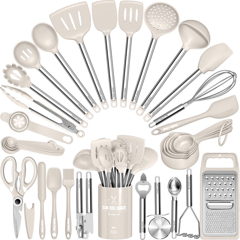 Umite Chef Kitchen Utensils Set-Umite Chef 34 Pcs Silicone Cooking Utensils Set for Nonstick Cookware-Silicone Spatulas Set, Stainless Steel Handle-Khaki Kitchen Gadgets Tools, Pots and Pans Accessories - Image 1