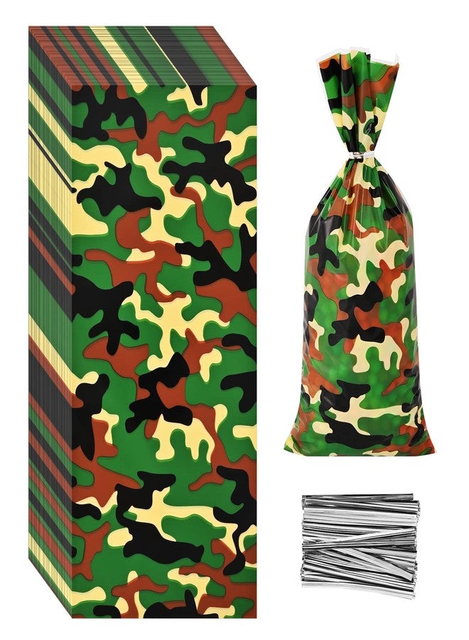 Lecpeting 100 Pcs Camouflage Treat Bags Camo Print Cellophane Candy Bags Army Party Favor with Twist Ties for Camouflage Theme Birthday Party Supplies - Image 1