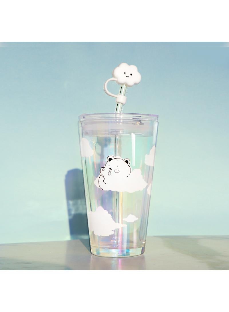 Cloud Bear Glass Water Cup Summer Student Simple White Cloud Straw Cup - Image 1