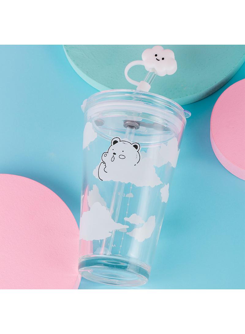 Cloud Bear Glass Water Cup Summer Student Simple White Cloud Straw Cup - Image 2