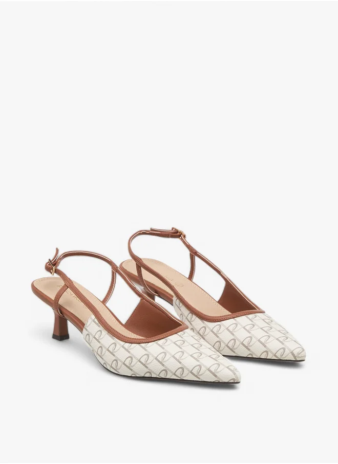 بابريكا Women's Monogram Print Slingback Shoes with Kitten Heels and Buckle Closure