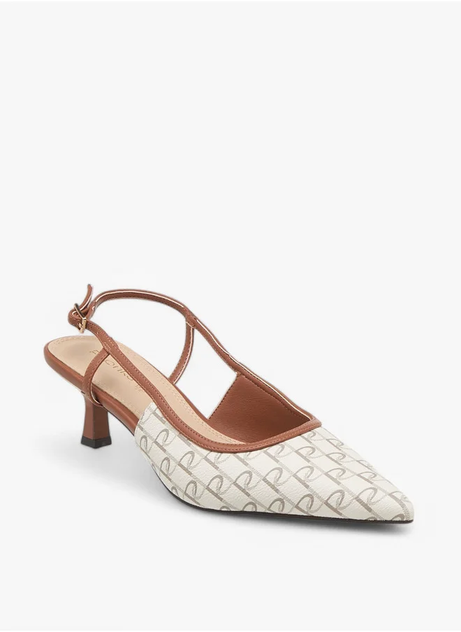 بابريكا Women's Monogram Print Slingback Shoes with Kitten Heels and Buckle Closure