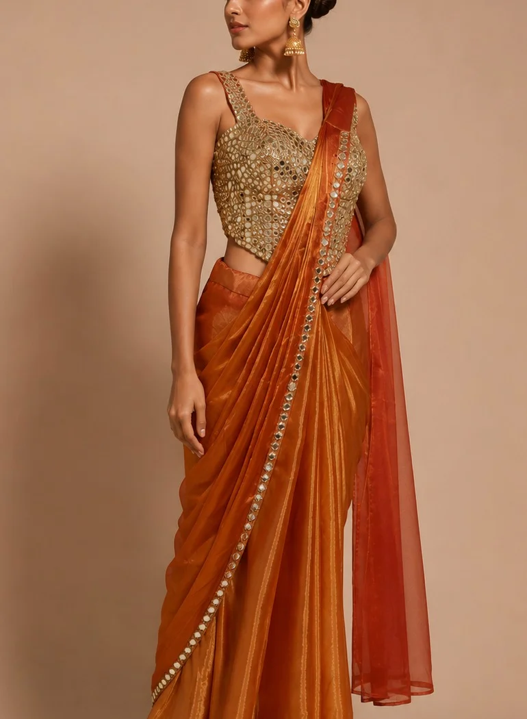 Lehar Rust Orange Shimmer Saree with Mirror Embellished Corset Blouse