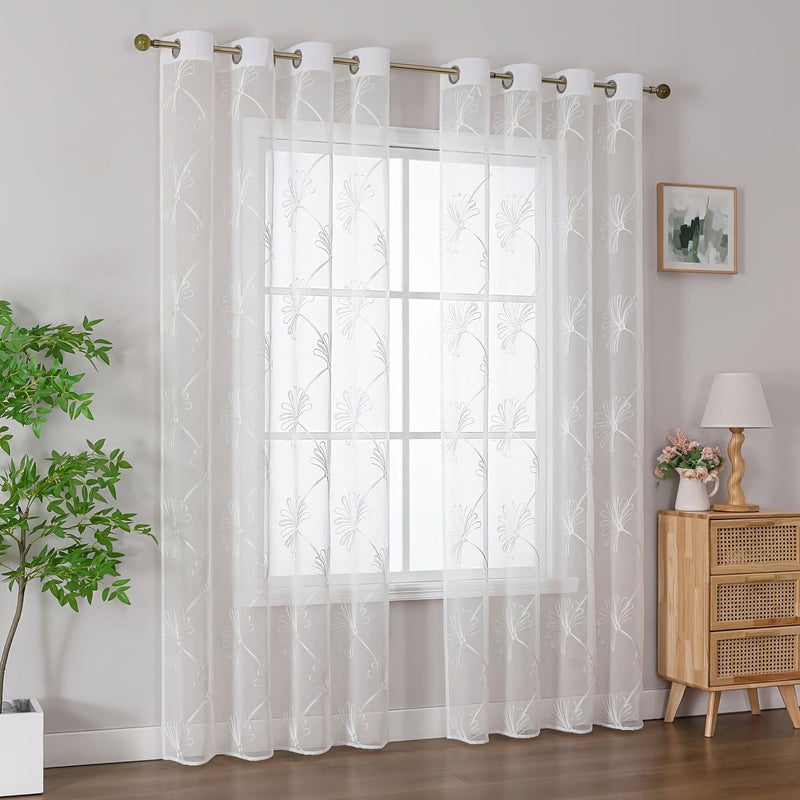 White Tulle Maple Leaf Floral Curtains 140x160cm Easy Install Privacy - Image 2