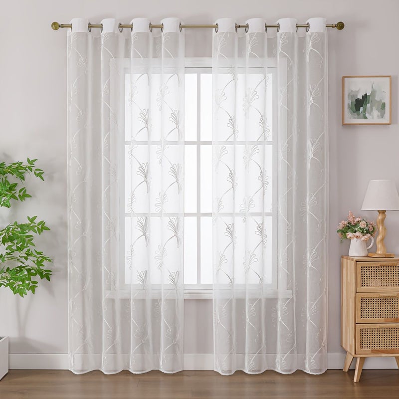 White Tulle Maple Leaf Floral Curtains 140x160cm Easy Install Privacy - Image 1