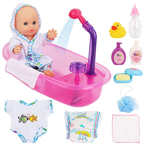 deAO Baby Doll Set with Bathtub11PCS Doll Bath Set  Real Working Bathtub with Detachable Shower SprayToy Gift Set for 3 Years Old Kids - Image 1