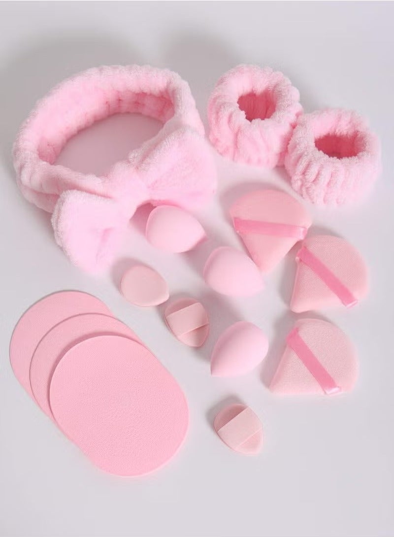 Generic 15-Piece Spa Headband and Wristband Clean Set, Includes Makeup Sponges and Face Triangle Powder Puff Skincare Beauty Blender for Washing Face,Women Gift Set(Pink) - Image 5