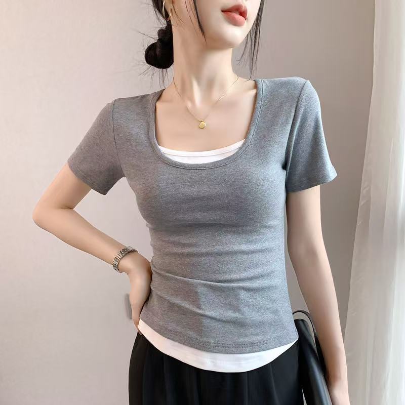 Gray Fake Two-Piece Short-Sleeved T-Shirt For Women 2025 U-Neck Pure Cotton T-Shirt Slim Contrasting Color Patchwork Waist Top - Image 2