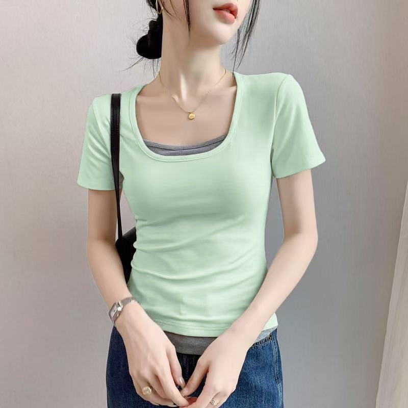 Gray Fake Two-Piece Short-Sleeved T-Shirt For Women 2025 U-Neck Pure Cotton T-Shirt Slim Contrasting Color Patchwork Waist Top - Image 1