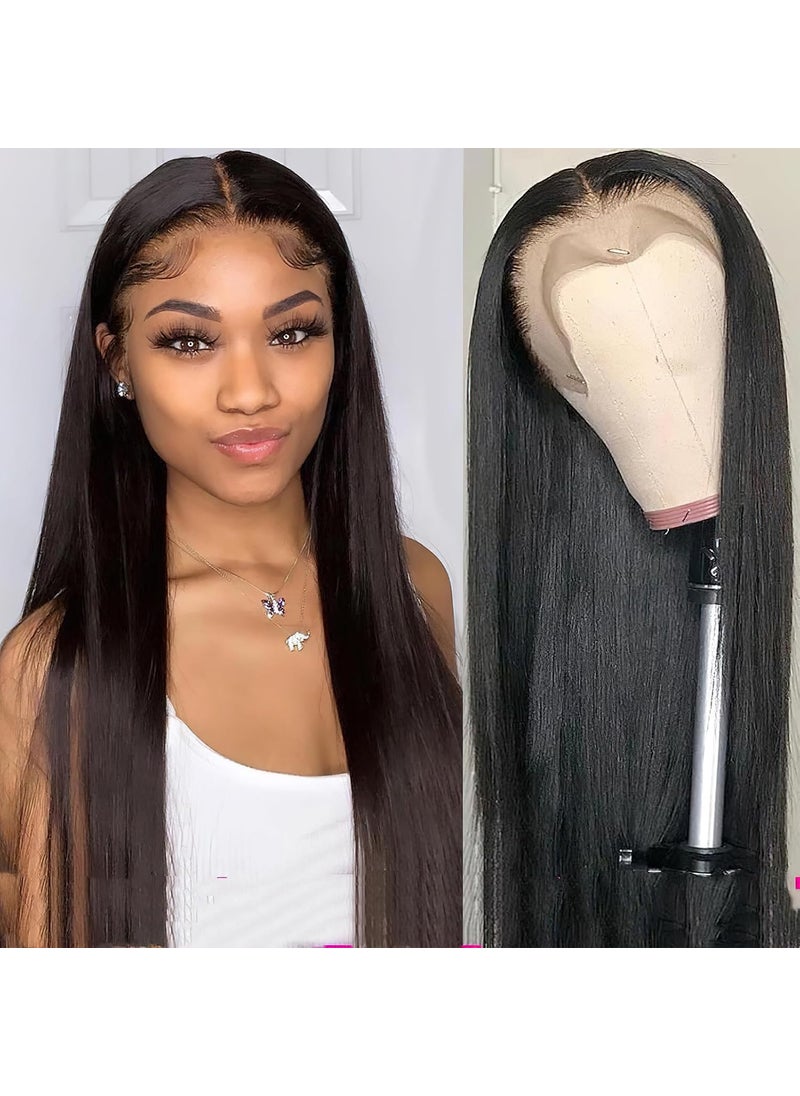 BASEMMAHER Black Straight Lace Front Wigs Synthetic Artificial Human Hair Glueless PrePlucked Straight Natural Hairline Synthetic Wigs Middle Part Heat Resistant Soft Baby Hair for Black Women 26 Inch 