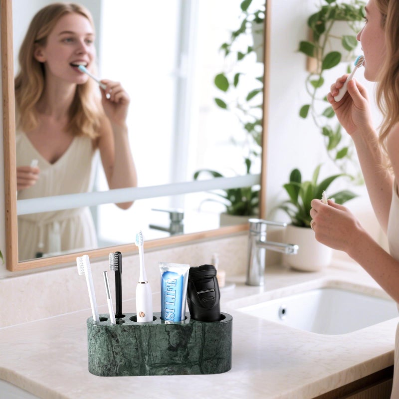 BCS Toothbrush Holder for Bathrooms, 6 Slots Marble Toothbrush Organizer, Makeup Brush Stand Toothbrush Storage Collection for Bathroom Countertop Vanity Organization - Indian Green - Image 3