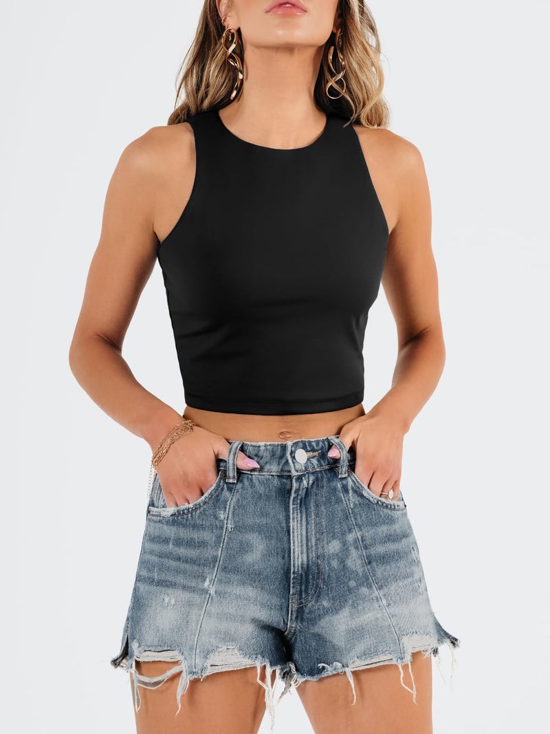 EFAN Womens Sexy Sleeveless Double Lined Crop Tops Workout Cute Tight Racerback Tank Tops Summer Clothes Teen Girls 2025 Black L - Image 2