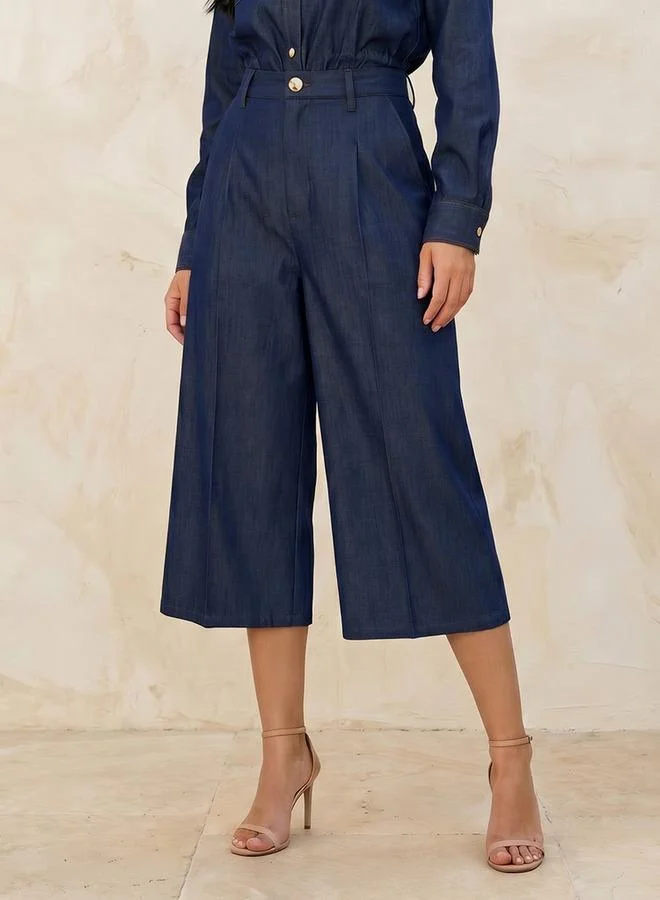 سبلاش فيڤ Mid Rise Denim Pleated Wide Leg Culottes