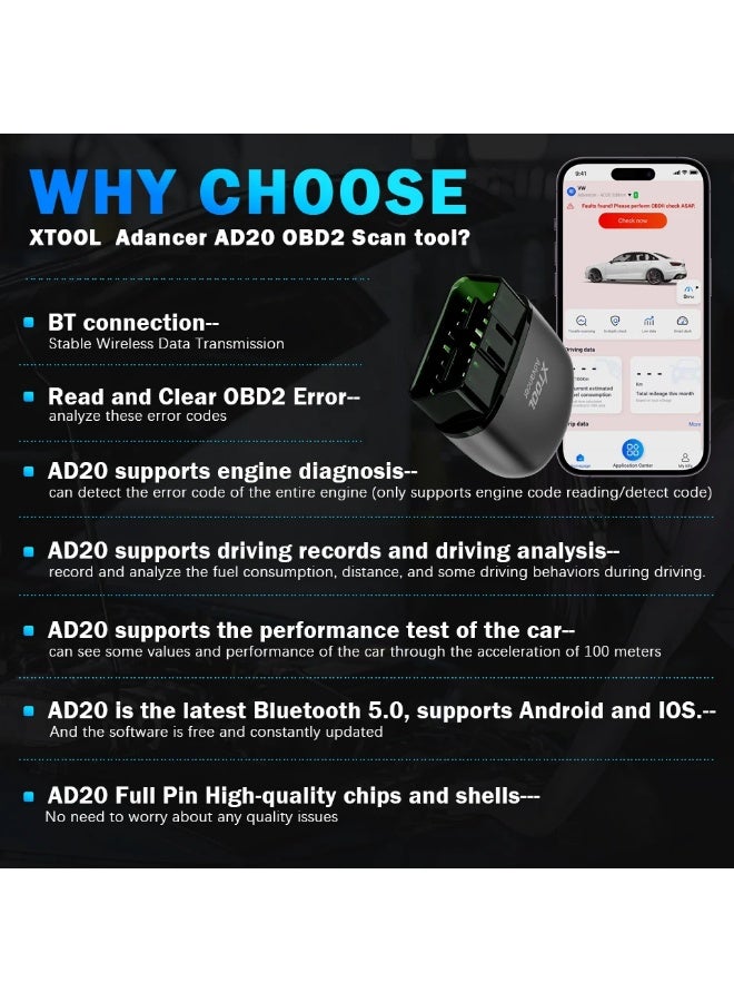 AD20 Bluetooth Car OBD2 Scanner 2025 Fault Code Reader Engine Diagnostic Tool Vehicle Diagnosis App Included - Image 3