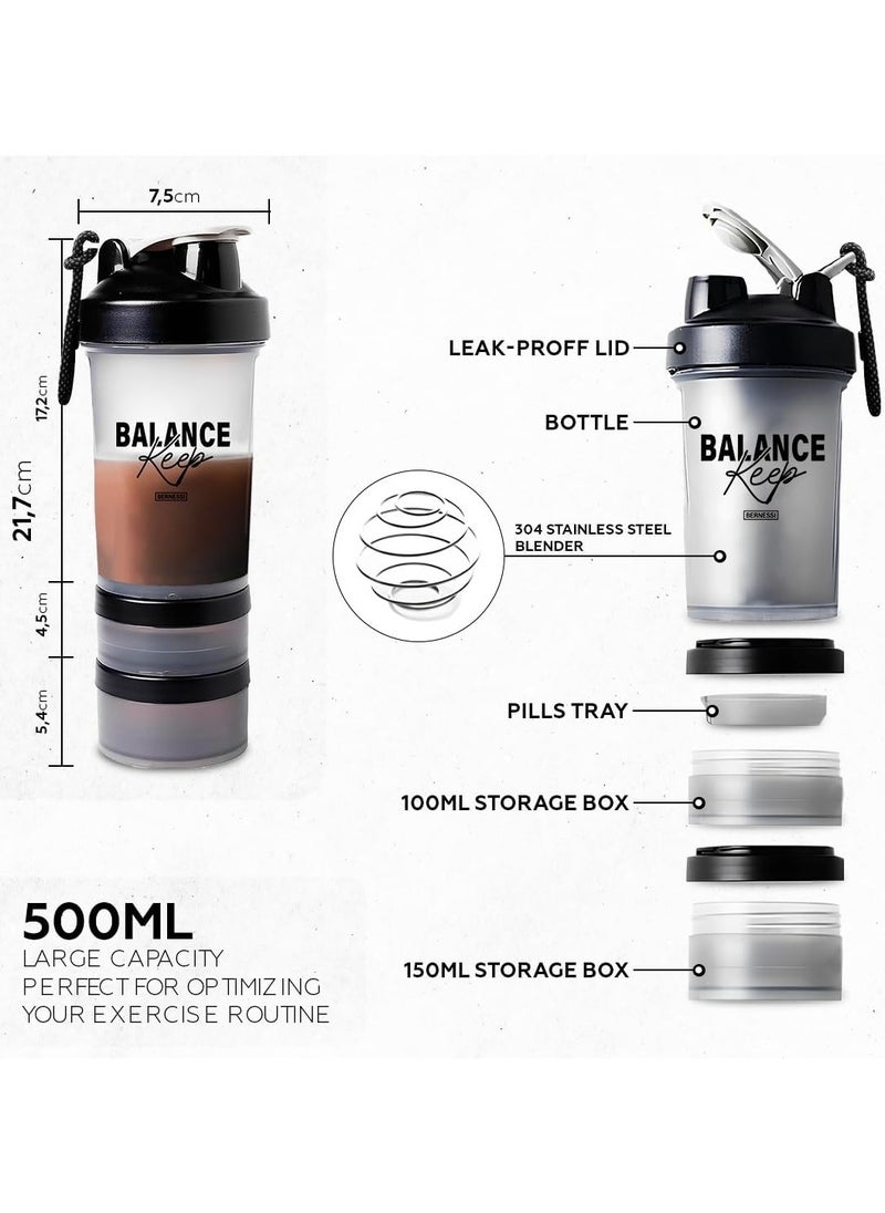 Bernessi - 500ml/17oz Protein Shaker Bottle with Leak-Proof for Protein Mixes & Shakes with Stainless Steel Ball, Protein Bottle Blender Cocktail Shaker Cup for Gym Fitness Home Pre Workout Male Female - Image 1
