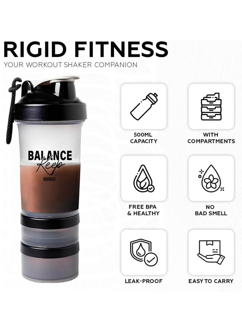 Bernessi - 500ml/17oz Protein Shaker Bottle with Leak-Proof for Protein Mixes & Shakes with Stainless Steel Ball, Protein Bottle Blender Cocktail Shaker Cup for Gym Fitness Home Pre Workout Male Female - Image 1