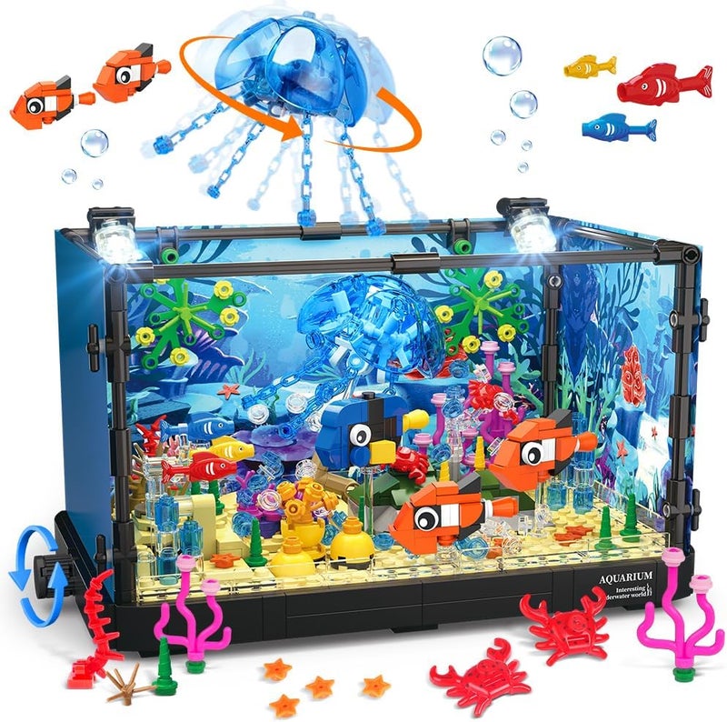 HOGOKIDS Fish Tank Building Set with LED Light - 725PCS Movable Aquarium Toy for Kids and Adults - Image 1