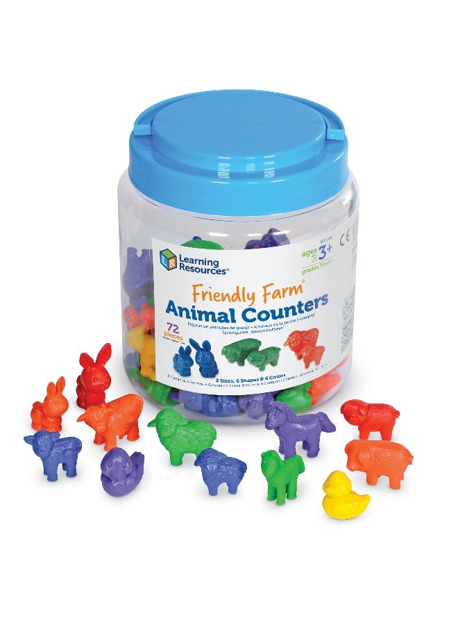 ليرننج ريسورسز موارد تعليمية، عدادات حيوانات المزرعة الصديقة، مجموعة من 72، عدادات حيوانات المزرعة للعد والفرز ومهارات الرياضيات المبكرة، عدادات مطاطية، سهلة التنظيف بالمسح، تتضمن وعاء تخزين، للأعمار من 3 سنوات فما فوق - Image 1