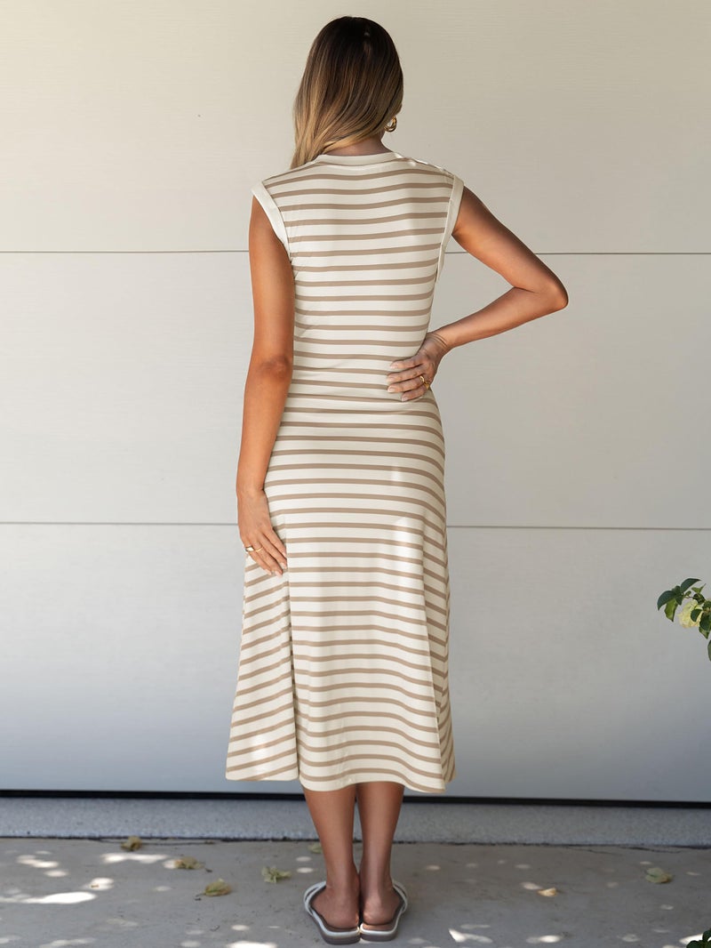 Glamaker Women Summer Tshirt Midi Dress Soft A Line Cap Sleeve Casual Sun Dress for Work Beach Vacation(Khaki L) - Image 5