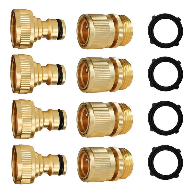 Hourleey Garden Hose Quick Connect, 4 Set Solid Brass 3/4 Inch GHT Thread Garden Hose Quick Connect Fittings, No-Leak Male and Female Water Hose Quick Release Connectors - Image 1