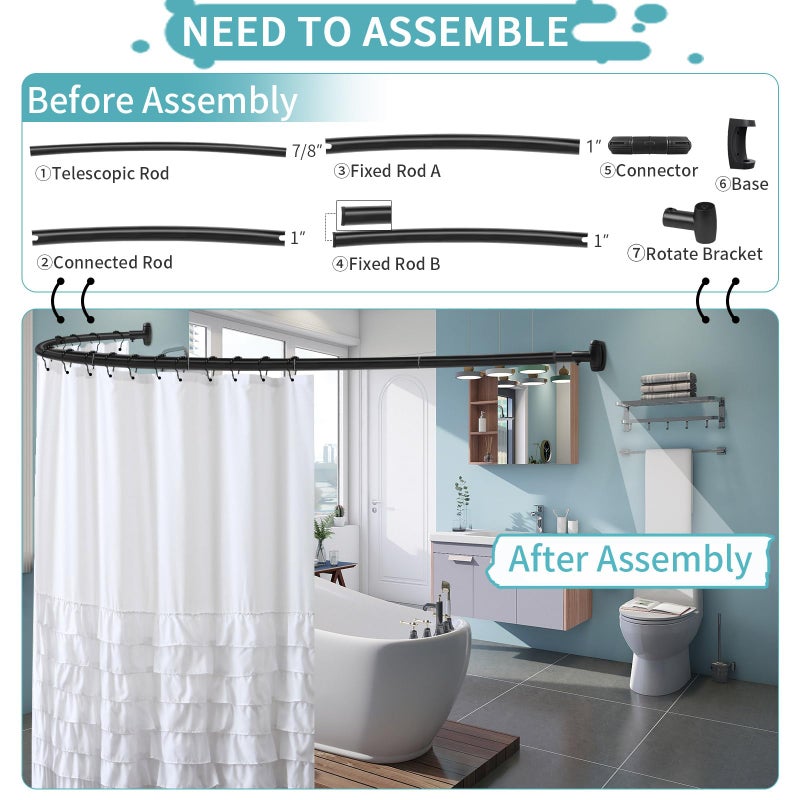 YNL Curved Shower Curtain Rod 35-82In(2.9-6.8Ft), Matte Black Rounded Rustproof Shower Rod for Bathroom Bathtub, Adjustable Arched Shower Rod, Never Rust|Extra Space|Non-Slip|Expandable|Need to Drill - Image 2