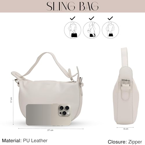 SIBY Women's White Dumpling Sling Bag | PU Leather Cross Shoulder Handbag with Zipper Closure | Casual Travel Purses- White - Image 5