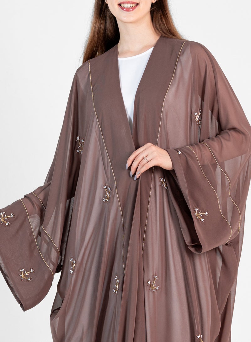 Rosette Abaya Elegant Brown Bisht with Embroidery Design - Image 1
