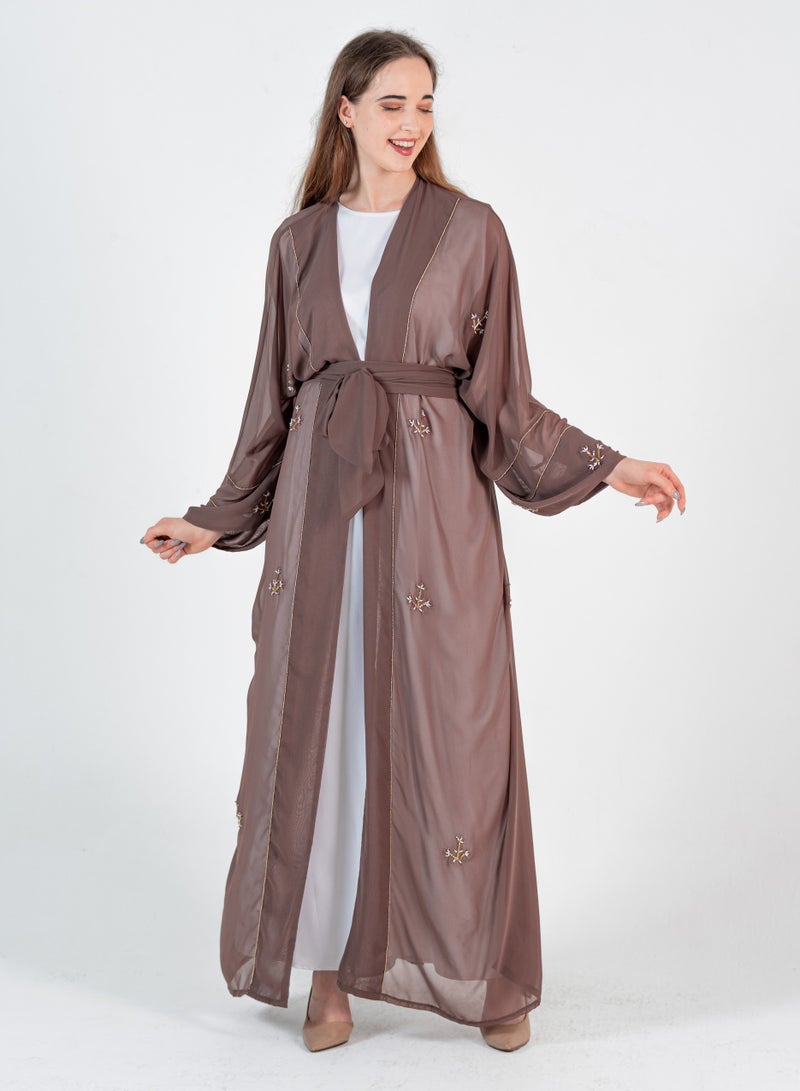 Rosette Abaya Elegant Brown Bisht with Embroidery Design - Image 3