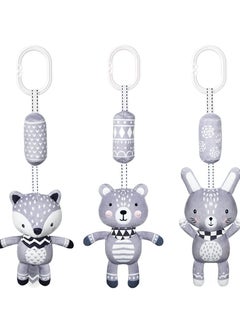 KASTWAVE 3 Pack Hanging Rattle Toys, Cartoon White Black Stuffed Stroller Plush Toys for Newborn 0-36 Month Baby Bed Crib Toys with Wind Chimes (Rabbit Fox Bear)  - Image 1