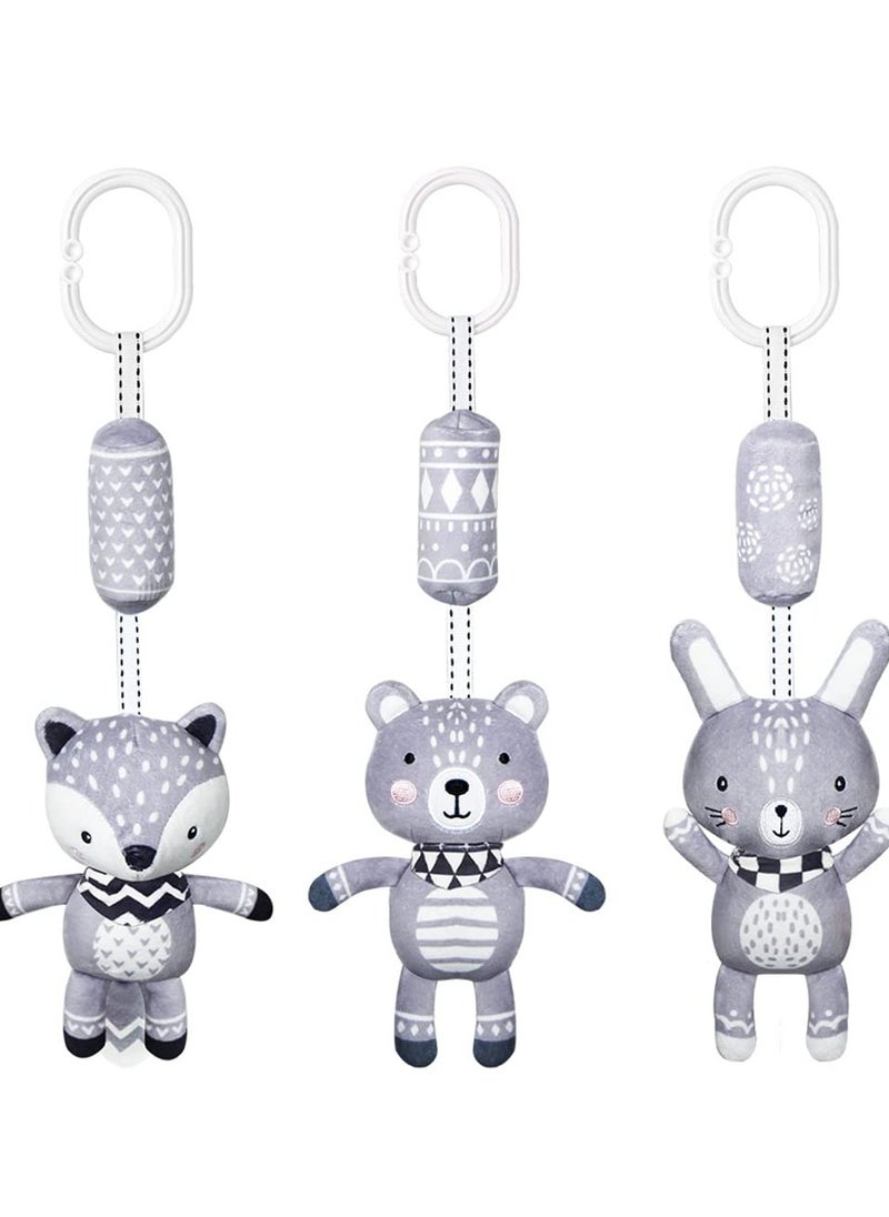 KASTWAVE 3 Pack Hanging Rattle Toys, Cartoon White Black Stuffed Stroller Plush Toys for Newborn 0-36 Month Baby Bed Crib Toys with Wind Chimes (Rabbit Fox Bear)  - Image 1