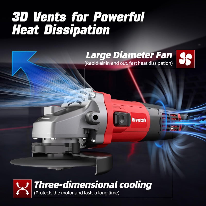 Revvstark Angle Grinder, 7.5-Amp 4 1/2 inch Electric Grinder Power Tools 12000 RPM with Cutting and Grinding Wheels, Flap Disc and Auxiliary Handle for Cutting, Grinding, Polishing, M14 Thread - Image 4