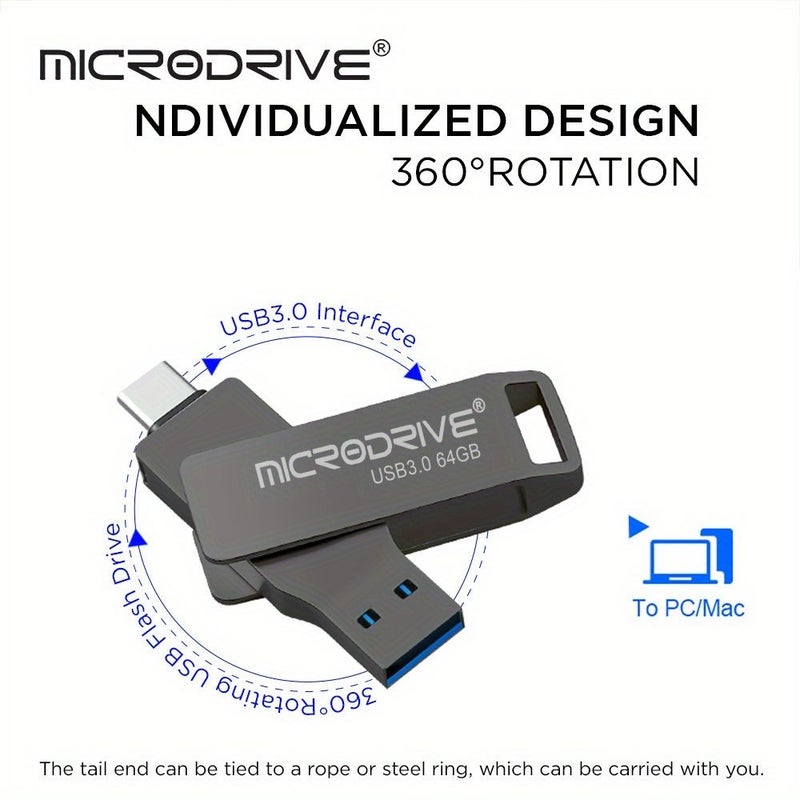 محرك أقراص فلاش MICRODRIVE سعة 256 جيجابايت من نوع USB 3.0 منفذ Type C، تخزين سريع 2 في 1 للهواتف الذكية والأجهزة اللوحية وأجهزة الكمبيوتر المحمولة. - Image 2