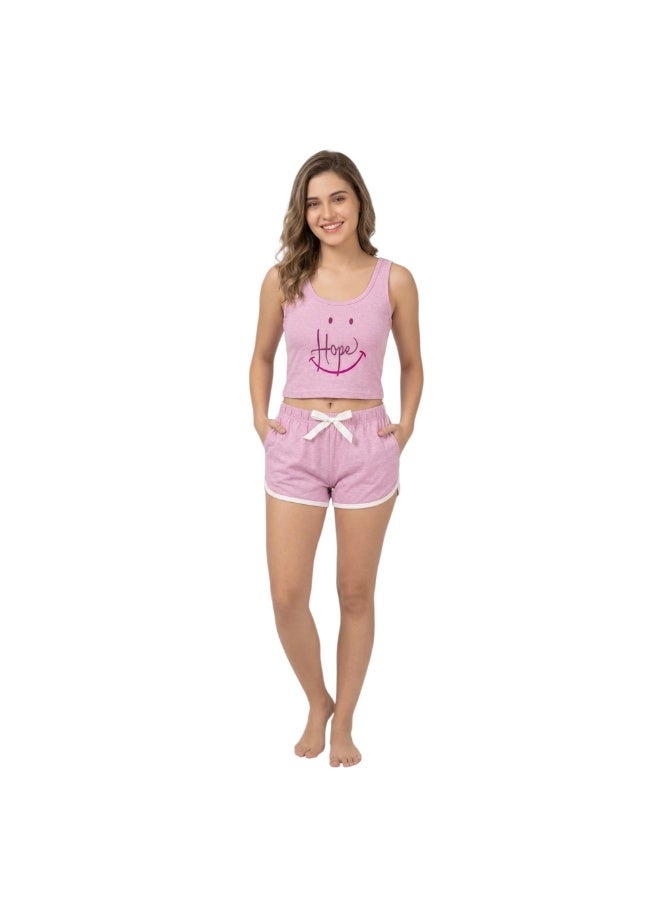 zecotex  Women's 2-Piece Summer Cotton Pajama Set - Pink Crop Top & Hot Pants with "Hope" Print. - Image 1
