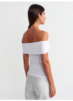 Dilvin 30902 Off Shoulder Gathered Top-White  - Image 2