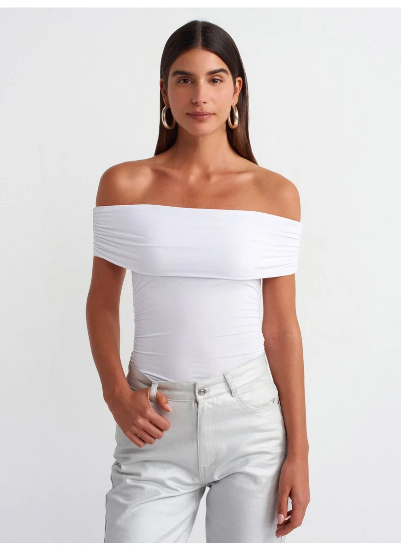 Dilvin 30902 Off Shoulder Gathered Top-White