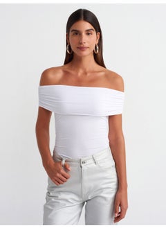 Dilvin 30902 Off Shoulder Gathered Top-White  - Image 1