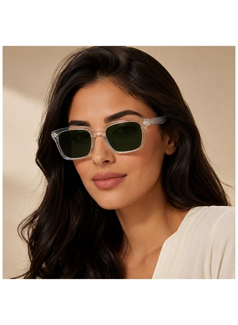OPULIZE ERA Sunglasses for Women Men, Oversized Rectangular Frame with Spring Hinges, Polarised Green Tinted Lens With UV400 Protection,Anti-reflective & Anti-Glare, Clear (Pack of 1) - Image 1