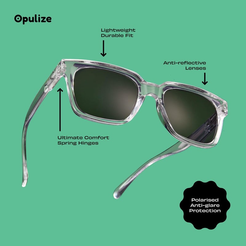OPULIZE ERA Sunglasses for Women Men, Oversized Rectangular Frame with Spring Hinges, Polarised Green Tinted Lens With UV400 Protection,Anti-reflective & Anti-Glare, Clear (Pack of 1) - Image 5