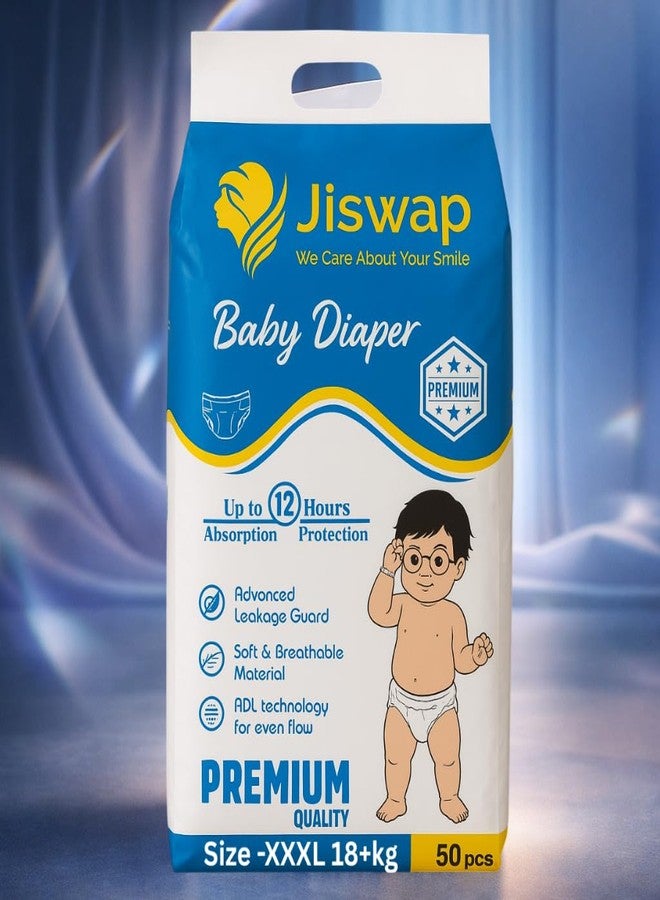 Jiswap Ultra Absorbent Baby Diapers – Soft, Leak-Proof, Hypoallergenic, and Breathable Diapers for Newborns, Infants & Toddlers – Eco-Friendly, and Comfortable – 50 Count (18+ Kg, XXXL) - Image 1