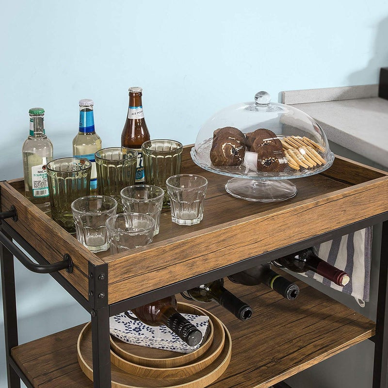 Generic Indian Decor 8800 MDF Wood Metal Vintage Style 3 Tiers Kitchen Serving Trolley with Wine Rack Black  - Image 3