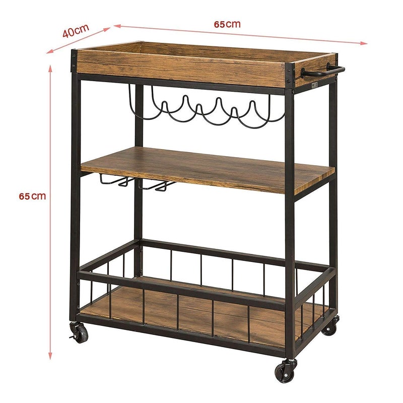 Generic Indian Decor 8800 MDF Wood Metal Vintage Style 3 Tiers Kitchen Serving Trolley with Wine Rack Black  - Image 4