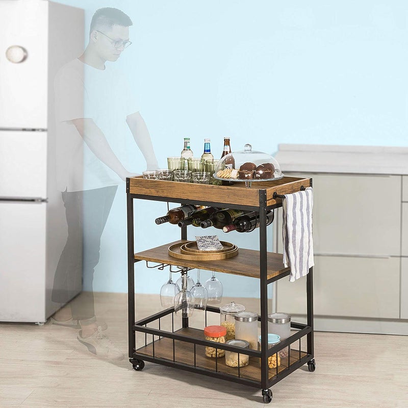 Generic Indian Decor 8800 MDF Wood Metal Vintage Style 3 Tiers Kitchen Serving Trolley with Wine Rack Black  - Image 1